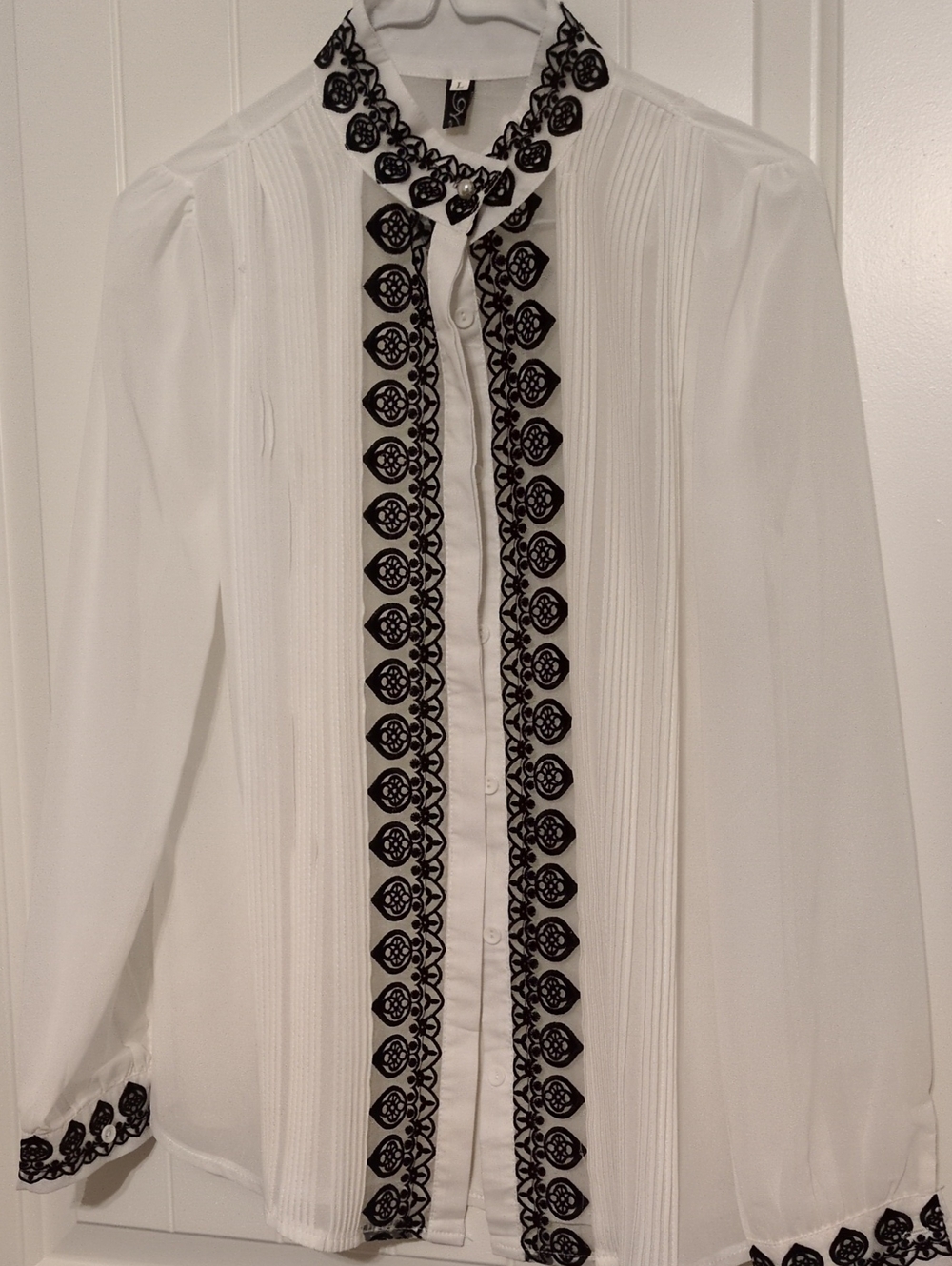 White Blouse with Black Lace Trim - Women's Long Sleeve Button Front